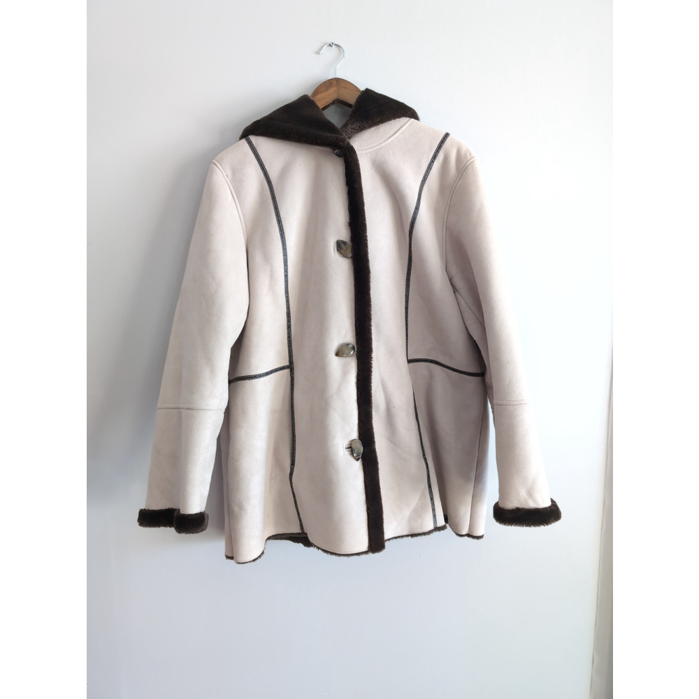 Pennington Pany Lane Sued Hooded Mid Length Coat Cream Faux Teddy Furr Lining XL